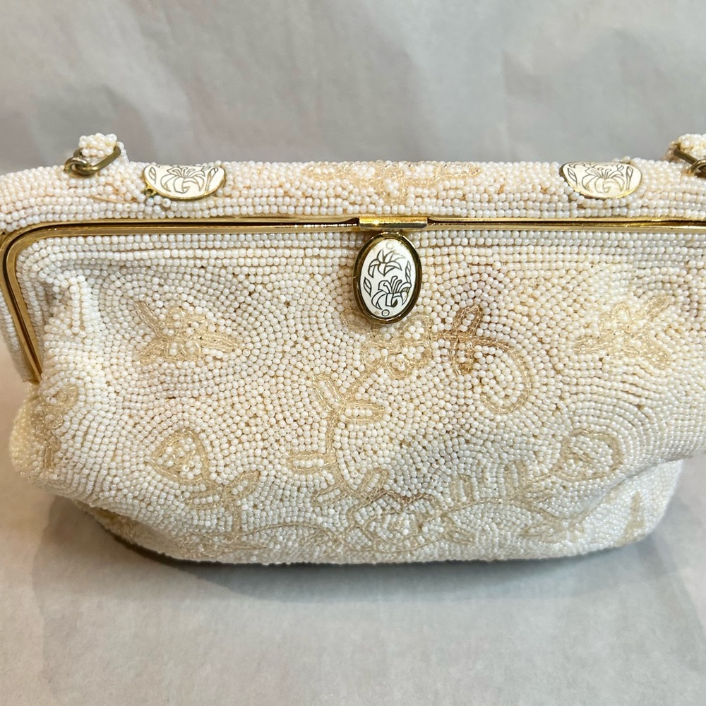 Vintage White Beaded Evening Bag Wedding Clutch Handbag Formal Handbeaded Prom - Picture 3 of 11